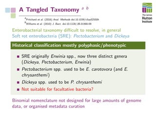 A Tangled Taxonomy a b
a
Pritchard et al. (2016) Anal. Methods doi:10.1039/c5ay02550h
b
Williams et al. (2010) J. Bact. doi:10.1128/JB.01480-09
Enterobacterial taxonomy diﬃcult to resolve, in general
Soft rot enterobacteria (SRE): Pectobacterium and Dickeya
Historical classiﬁcation mostly polyphasic/phenotypic
SRE originally Erwinia spp., now three distinct genera
(Dickeya, Pectobacterium, Erwinia)
Pectobacterium spp. used to be E. carotovora (and E.
chrysanthemi)
Dickeya spp. used to be P. chrysanthemi
Not suitable for facultative bacteria?
Binomial nomenclature not designed for large amounts of genome
data, or organised metadata curation
 