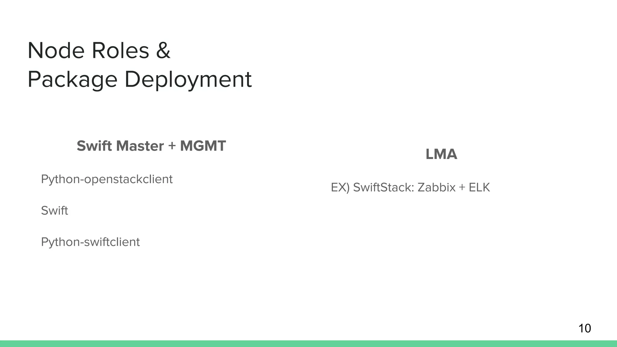 10
Node Roles &
Package Deployment
Swift Master + MGMT
Python-openstackclient
Swift
Python-swiftclient
LMA
EX) SwiftStack: Zabbix + ELK
 