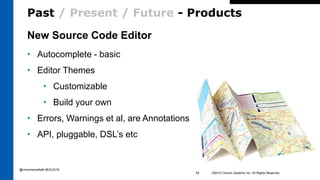 Past / Present / Future - Products
©2015 Cincom Systems Inc. All Rights Reserved.14
New Source Code Editor
• Autocomplete - basic
• Editor Themes
• Customizable
• Build your own
• Errors, Warnings et al, are Annotations
• API, pluggable, DSL’s etc
@cincomsmalltalk #ESUG16
 