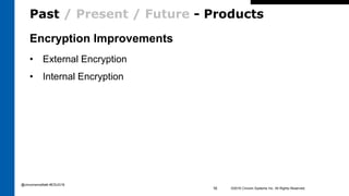 Past / Present / Future - Products
©2016 Cincom Systems Inc. All Rights Reserved.16
Encryption Improvements
• External Encryption
• Internal Encryption
@cincomsmalltalk #ESUG16
 