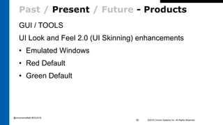 Past / Present / Future - Products
GUI / TOOLS
UI Look and Feel 2.0 (UI Skinning) enhancements
• Emulated Windows
• Red Default
• Green Default
©2016 Cincom Systems Inc. All Rights Reserved.30
@cincomsmalltalk #ESUG16
 
