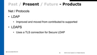 Past / Present / Future - Products
Net / Protocols
• LDAP
• Improved and moved from contributed to supported
• LDAPS
• Uses a TLS connection for Secure LDAP
©2016 Cincom Systems Inc. All Rights Reserved.32
@cincomsmalltalk #ESUG16
 