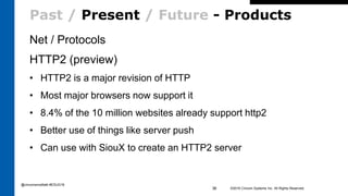 Past / Present / Future - Products
Net / Protocols
HTTP2 (preview)
• HTTP2 is a major revision of HTTP
• Most major browsers now support it
• 8.4% of the 10 million websites already support http2
• Better use of things like server push
• Can use with SiouX to create an HTTP2 server
©2016 Cincom Systems Inc. All Rights Reserved.36
@cincomsmalltalk #ESUG16
 