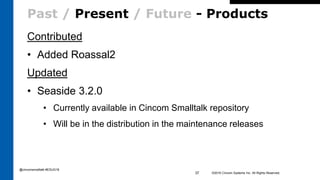 Past / Present / Future - Products
Contributed
• Added Roassal2
Updated
• Seaside 3.2.0
• Currently available in Cincom Smalltalk repository
• Will be in the distribution in the maintenance releases
©2016 Cincom Systems Inc. All Rights Reserved.37
@cincomsmalltalk #ESUG16
 