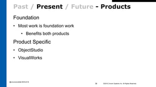 Past / Present / Future - Products
Foundation
• Most work is foundation work
• Benefits both products
Product Specific
• ObjectStudio
• VisualWorks
©2016 Cincom Systems Inc. All Rights Reserved.38
@cincomsmalltalk #ESUG16
 