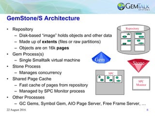 GemStone/S Architecture
• Repository
– Disk-based “image” holds objects and other data
– Made up of extents (files or raw ...