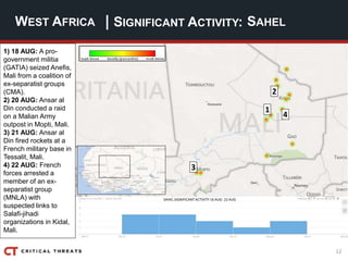12
| SIGNIFICANT ACTIVITY:WEST AFRICA SAHEL
1
3
4
2
SAHEL SIGNIFICANT ACTIVITY 16 AUG- 22 AUG
1) 18 AUG: A pro-
government militia
(GATIA) seized Anefis,
Mali from a coalition of
ex-separatist groups
(CMA).
2) 20 AUG: Ansar al
Din conducted a raid
on a Malian Army
outpost in Mopti, Mali.
3) 21 AUG: Ansar al
Din fired rockets at a
French military base in
Tessalit, Mali.
4) 22 AUG: French
forces arrested a
member of an ex-
separatist group
(MNLA) with
suspected links to
Salafi-jihadi
organizations in Kidal,
Mali.
 