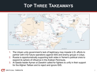 2
TOP THREE TAKEAWAYS
1. The Libyan unity government’s lack of legitimacy may impede U.S. efforts to
partner with it for future operations against ISIS and enemy groups in Libya.
2. Russia is opportunistically supporting both sides in Yemen’s political crisis to
expand its sphere of influence in the Arabian Peninsula.
3. Al Qaeda leader Ayman al Zawahiri called for fighters to unify in their support
for the Afghan Taliban and to reject and ignore ISIS.
2
1
3
 
