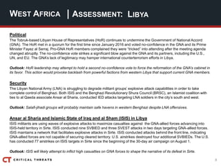 8
| ASSESSMENT:
Political
The Tobruk-based Libyan House of Representatives (HoR) continues to undermine the Government of National Accord
(GNA). The HoR met in a quorum for the first time since January 2016 and voted no-confidence in the GNA and its Prime
Minister Fayez al Serraj. Pro-GNA HoR members complained they were “tricked” into attending after the meeting agenda
changed abruptly. The no-confidence vote strikes a significant blow against the GNA and its partners, including the U.S.,
UN, and EU. The GNA’s lack of legitimacy may hamper international counterterrorism efforts in Libya.
Outlook: HoR leadership may attempt to hold a second no-confidence vote to force the reformation of the GNA’s cabinet in
its favor. This action would provoke backlash from powerful factions from western Libya that support current GNA members.
Security
The Libyan National Army (LNA) is struggling to degrade militant groups’ explosive attack capabilities in order to take
complete control of Benghazi. Both ISIS and the Benghazi Revolutionary Shura Council (BRSC), an Islamist coalition with
ties to al Qaeda associate Ansar al Sharia, conducted IED attacks targeting LNA soldiers in the city’s south and west.
Outlook: Salafi-jihadi groups will probably maintain safe havens in western Benghazi despite LNA offensives.
Ansar al Sharia and Islamic State of Iraq and al Sham (ISIS) in Libya
ISIS militants are using waves of explosive attacks to maximize casualties against the GNA-allied forces advancing into
ISIS-held territory in Sirte. ISIS conducted nine SVBIED and three SVEST attacks in two days targeting GNA-allied forces.
ISIS maintains a network that facilitates explosive attacks in Sirte. ISIS conducted attacks behind the front line, indicating
GNA-allied forces are not capable of securing cleared territory. U.S. airstrikes destroyed four additional SVBIEDs. The U.S.
has conducted 77 airstrikes on ISIS targets in Sirte since the beginning of the 30-day air campaign on August 1.
Outlook: ISIS will likely attempt to inflict high casualties on GNA forces to shape the narrative of its defeat in Sirte.
WEST AFRICA LIBYA
 