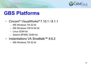 38
GBS Platforms
•  Cincom® VisualWorks® 7.10.1 / 8.1.1
–  MS Windows 7/8 32 bit
–  MS Windows 7/8/10 64 bit
–  Linux 32/6...