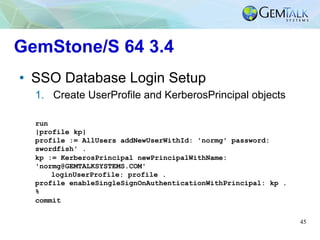 45
GemStone/S 64 3.4
•  SSO Database Login Setup
1.  Create UserProfile and KerberosPrincipal objects
run
|profile kp|
pro...