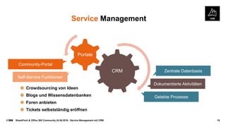 © SharePoint & Office 365 Community 24.08.2016 - Service Management mit CRM 15
CRM
Portale
Zentrale Datenbasis
Dokumentierte Aktivitäten
Gelebte Prozesse
Community-Portal
Self-Service Funktionen
Service Management
Crowdsourcing von Ideen
Blogs und Wissensdatenbanken
Foren anbieten
Tickets selbstständig eröffnen
 