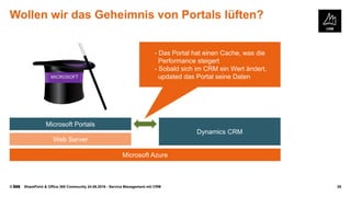 © SharePoint & Office 365 Community 24.08.2016 - Service Management mit CRM 28
Wollen wir das Geheimnis von Portals lüften?
Microsoft Azure
Web Server
Dynamics CRM
Microsoft Portals
- Das Portal hat einen Cache, was die
Performance steigert
- Sobald sich im CRM ein Wert ändert,
updated das Portal seine Daten
 
