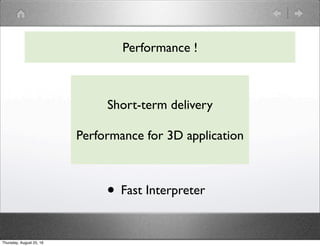 Performance !
Short-term delivery
Performance for 3D application
• Fast Interpreter
Thursday, August 25, 16
 