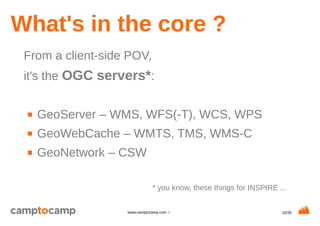 10/35www.camptocamp.com /
What's in the core ?
From a client-side POV,
it's the OGC servers*:
■ GeoServer – WMS, WFS(-T), WCS, WPS
■ GeoWebCache – WMTS, TMS, WMS-C
■ GeoNetwork – CSW
* you know, these things for INSPIRE ...
 
