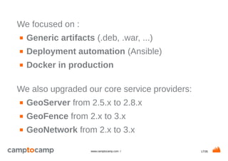 17/35www.camptocamp.com /
We focused on :
■ Generic artifacts (.deb, .war, ...)
■ Deployment automation (Ansible)
■ Docker in production
We also upgraded our core service providers:
■ GeoServer from 2.5.x to 2.8.x
■ GeoFence from 2.x to 3.x
■ GeoNetwork from 2.x to 3.x
 
