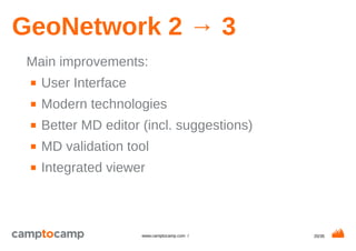 20/35www.camptocamp.com /
GeoNetwork 2 → 3
Main improvements:
■ User Interface
■ Modern technologies
■ Better MD editor (incl. suggestions)
■ MD validation tool
■ Integrated viewer
 