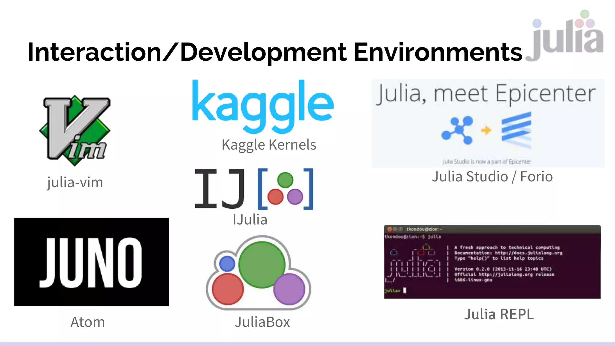 Syntax: Getting Started
Julia run code
Call Julia script
julia script.jl arg1 arg2…
Create a Julia command on the shell
julia -e 'for x in ARGS; println(X); end' foo bar
Create a Julia command using UTF-8 characters
echo 'println("Greetings! 你好! 안녕하세요?")' > ~/.juliarc.jl
 