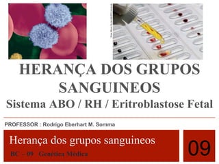 HERANÇA DOS GRUPOS
SANGUINEOS
1
Sistema ABO / RH / Eritroblastose Fetal
PROFESSOR : Rodrigo Eberhart M. Somma
09
Herança dos grupos sanguineos
BC – 09 Genética Médica
 