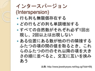 インタースパージョン
(Interspersion)
 行も列も無限個存在する
 どの行もどの列も単調増加する
 すべての自然数がそれぞれ必ず1回出
現し、2回以上は出現しない
 ある位置にある数が他の行の隣接する
ふたつの項の間の値を取るとき、これ
らのふたつの行のそれ以降の項を大き
さの順に並べると、交互に互いを挟み
あう
出典: http://www.jewelryeyes.net/log.cgi?dat=69j
 