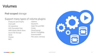 Google Cloud Platform 34
Volumes
Pod-scoped storage
Support many types of volume plugins
Empty dir (and tmpfs)
Host path
Git repository
GCE Persistent Disk
AWS Elastic Block Store
Azure File Storage
iSCSI
Flocker
NFS
vSphere
GlusterFS
Ceph File and RBD
Cinder
FibreChannel
Secret, ConfigMap,
DownwardAPI
Flex (exec a binary)
...
 