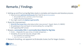 Summary:
Similarities
• Similar defaults for cloud based:
• 4-cores, ~16GB RAM, local SSDs
• ~4GB RAM / Core
• Good enough for Hadoop / Hive
• Elasticity
• All allow on-demand scaling-up
• Mixed mode of local + remote
• Fast networking
• Especially EMR
• HDI, depending on VM size
• Required for networked storage…
• Most deploy in < 25 mins
Differences
• CBD offers OnMetal as default
• High-end, non-shared system.
• What about in-mem systems
• Spark, Graph/Graph?
• Elasticity
• But no all down-scaling / stop (delete)
• HDI completely for disks (local for temp)
• Pricing, very different!
• EMR, CBD, HDI / hour
• CDP / minute
• But similar overall price/perf (<30%)
• CDP deploys in 1 minute
43
 