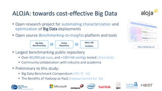 Motivation of SQL-on-Hadoop study
• Extend the ALOJA platform to survey popular PaaS SQL Big Data Cloud
solutions using Hive [to begin with]
• First approach to services, from an end-user’s perspective
• Using the public cloud (and pricing), online docs, and resources
• Medium-size test deployments and data (8 data-nodes, up to 1TB)
• Evaluate and compare out-of-the-box (default VMs and config)
• Architectural differences, readiness, competitive advantages
• Scalability, Price and Performance
Disclaimer: snapshot of the out-of-the-box price and performance during March-July 2016. Performance and especially
costs change often. We use non-discounted pricing. I/O costs are complex to estimate for a single benchmark.
5
 