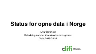 Status for opne data i Norge
Livar Bergheim
Datadelingsforum / #hack4no for-arrangement
Oslo, 2016-08-31
 
