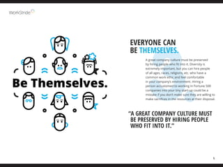 5.
3.
EVERYONE CAN
BE THEMSELVES.
A great company culture must be preserved
by hiring people who fit into it. Diversity is...