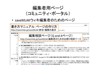 編集者用ページ
（コミュニティ・ポータル）
• saveMLAKウィキ編集者のためのページ
書き方マニュアル：ページの作り方
http://savemlak.jp/saveMLAK:参加・編集の基本
編集相談ページ（Q and Aページ）
http://savemlak.jp/saveMLAK:編集者のためのお困り相談ページ
10
 