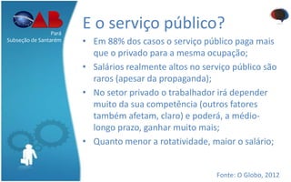 E o serviço público?
• Em 88% dos casos o serviço público paga mais
que o privado para a mesma ocupação;
• Salários realmente altos no serviço público são
raros (apesar da propaganda);
• No setor privado o trabalhador irá depender
muito da sua competência (outros fatores
também afetam, claro) e poderá, a médio-
longo prazo, ganhar muito mais;
• Quanto menor a rotatividade, maior o salário;
Fonte: O Globo, 2012
Pará
Subseção de Santarém
 