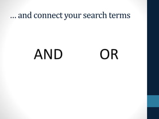 … and connect your search terms
AND OR
 