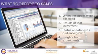 Join the Conversation
#MSWS16
WHAT TO REPORT TO SALES
1. Where resources were
allocated
2. Results of that
investment
3. S...