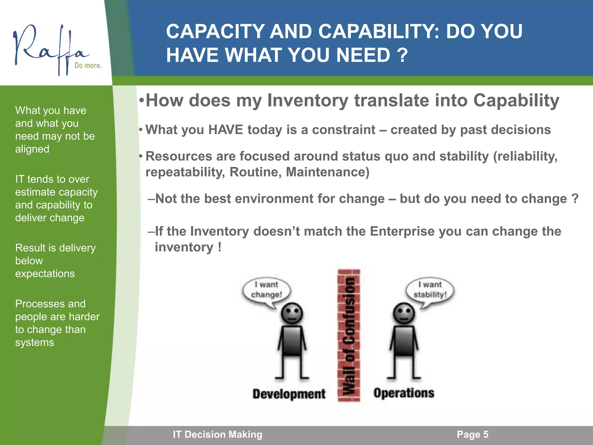 CAPACITY AND CAPABILITY: DO YOU
HAVE WHAT YOU NEED ?
•How does my Inventory translate into Capability
• What you HAVE today is a constraint – created by past decisions
• Resources are focused around status quo and stability (reliability,
repeatability, Routine, Maintenance)
–Not the best environment for change – but do you need to change ?
–If the Inventory doesn’t match the Enterprise you can change the
inventory !
What you have
and what you
need may not be
aligned
IT tends to over
estimate capacity
and capability to
deliver change
Result is delivery
below
expectations
Processes and
people are harder
to change than
systems
Page 5IT Decision Making
 