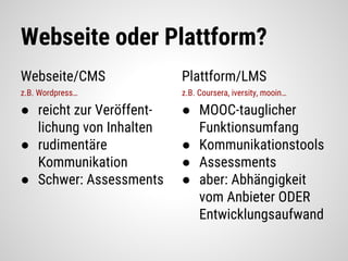Webseite oder Plattform?
Webseite/CMS
z.B. Wordpress…
● reicht zur Veröffent-
lichung von Inhalten
● rudimentäre
Kommunikation
● Schwer: Assessments
Plattform/LMS
z.B. Coursera, iversity, mooin…
● MOOC-tauglicher
Funktionsumfang
● Kommunikationstools
● Assessments
● aber: Abhängigkeit
vom Anbieter ODER
Entwicklungsaufwand
 