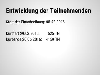 Entwicklung der Teilnehmenden
Start der Einschreibung: 08.02.2016
Kurstart 29.03.2016: 625 TN
Kursende 20.06.2016: 4159 TN
 