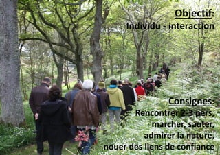 Consignes:
Rencontrer 2-3 pers,
marcher, sauter,
admirer la nature,
nouer des liens de confiance
Objectif:
Individu - interaction
 