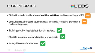 CURRENT STATUS
• Detection and classification of entities, relations and facts with good F1
• Long, high quality texts vs. short texts with bad / missing grammar in
multiple languages
• Training not by linguists but domain experts
• Flexible adaption to new domains and contexts
• Many different data sources
12. September 201636
 