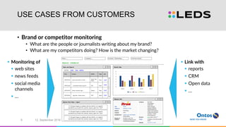 USE CASES FROM CUSTOMERS
• Brand or competitor monitoring
• What are the people or journalists writing about my brand?
• What are my competitors doing? How is the market changing?
 Monitoring of
 web sites
 news feeds
 social media
channels
 …
 Link with
 reports
 CRM
 Open data
 …
12. September 20166
 