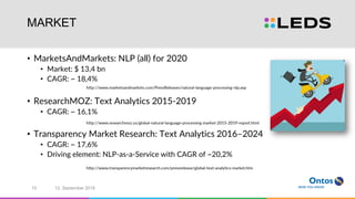 MARKET
• MarketsAndMarkets: NLP (all) for 2020
• Market: $ 13,4 bn
• CAGR: ~ 18,4%
• ResearchMOZ: Text Analytics 2015-2019
• CAGR: ~ 16,1%
• Transparency Market Research: Text Analytics 2016–2024
• CAGR: ~ 17,6%
• Driving element: NLP-as-a-Service with CAGR of ~20,2%
http://www.marketsandmarkets.com/PressReleases/natural-language-processing-nlp.asp
http://www.researchmoz.us/global-natural-language-processing-market-2015-2019-report.html
http://www.transparencymarketresearch.com/pressrelease/global-text-analytics-market.htm
12. September 201610
 
