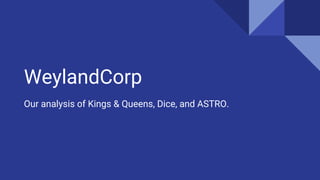 WeylandCorp
Our analysis of Kings & Queens, Dice, and ASTRO.
 
