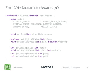interface GPIOPort extends Peripheral {
enum Mode {
DIGITAL_INPUT, DIGITAL_INPUT_PULLUP,
DIGITAL_INPUT_PULLDOWN, DIGITAL_OUTPUT,
ANALOG_INPUT, ANALOG_OUTPUT
}
void setMode(int pin, Mode mode);
boolean getDigitalValue(int pin);
void setDigitalValue(int pin, boolean value);
int getAnalogValue(int pin);
void setAnalogValue(int pin, int value);
int getAnalogMinValue(int pin);
int getAnalogMaxValue(int pin);
}
EDJE API : DIGITAL AND ANALOG I/O
 