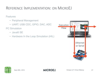 Features
• Peripheral Management
• UART, USB CDC, GPIO, DAC, ADC
PC Simulation
• Java® SE
• Hardware In the Loop Simulation (HIL)
REFERENCE IMPLEMENTATION: ON MICROEJ
Execution
Flow
Ethernet
or Serial
 