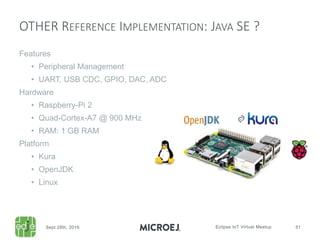 Features
• Peripheral Management
• UART, USB CDC, GPIO, DAC, ADC
Hardware
• Raspberry-Pi 2
• Quad-Cortex-A7 @ 900 MHz
• RAM: 1 GB RAM
Platform
• Kura
• OpenJDK
• Linux
OTHER REFERENCE IMPLEMENTATION: JAVA SE ?
 