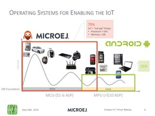 OPERATING SYSTEMS FOR ENABLING THE IOT
RTOS Linux
Volume
75%
IoT = “sub-gig” things:
• Processor < GHz
• Memory < GB
25%
SW Foundation
MPU (>$10 ASP)MCU ($1-6 ASP)
 