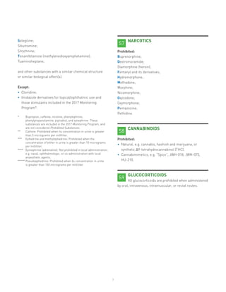 7
Selegiline;
Sibutramine;
Strychnine;
Tenamfetamine (methylenedioxyamphetamine);
Tuaminoheptane;
and other substances with a similar chemical structure
or similar biological effect(s).
Except:
•	 Clonidine;
•	 Imidazole derivatives for topical/ophthalmic use and
those stimulants included in the 2017 Monitoring
Program*.
* 	Bupropion, caffeine, nicotine, phenylephrine,
phenylpropanolamine, pipradrol, and synephrine: These
substances are included in the 2017 Monitoring Program, and
are not considered Prohibited Substances.
** 	Cathine: Prohibited when its concentration in urine is greater
than 5 micrograms per milliliter.
*** 	Ephedrine and methylephedrine: Prohibited when the
concentration of either in urine is greater than 10 micrograms
per milliliter.
****	Epinephrine (adrenaline): Not prohibited in local administration,
e.g. nasal, ophthalmologic, or co-administration with local
anaesthetic agents.
***** 	Pseudoephedrine: Prohibited when its concentration in urine
is greater than 150 micrograms per milliliter.
NARCOTICS
Prohibited:
Buprenorphine;
Dextromoramide;
Diamorphine (heroin);
Fentanyl and its derivatives;
Hydromorphone;
Methadone;
Morphine;
Nicomorphine;
Oxycodone;
Oxymorphone;
Pentazocine;
Pethidine.
CANNABINOIDS
Prohibited:
•	 Natural, e.g. cannabis, hashish and marijuana, or
synthetic Δ9-tetrahydrocannabinol (THC).
•	 Cannabimimetics, e.g. “Spice”, JWH-018, JWH-073,
HU-210.
GLUCOCORTICOIDS
All glucocorticoids are prohibited when administered
by oral, intravenous, intramuscular, or rectal routes.
S7
S8
S9
 