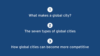 How global cities can become more competitive
3
The seven types of global cities
2
What makes a global city?
1
 