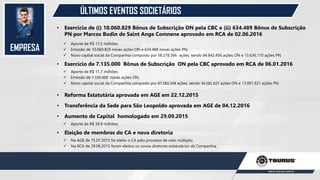 EMPRESA
ÚLTIMOS EVENTOS SOCIETÁRIOS
• Exercício de (i) 10.060.829 Bônus de Subscrição ON pela CBC e (ii) 634.489 Bônus de Subscrição
PN por Marcos Bodin de Saint Ange Comnene aprovado em RCA de 02.06.2016
 Aporte de R$ 17,5 milhões;
 Emissão de 10.060.829 novas ações ON e 634.489 novas ações PN;
 Novo capital social da Companhia composto por 58.278.566 ações, sendo 44.642.456 ações ON e 13.636.110 ações PN;
• Exercício de 7.135.000 Bônus de Subscrição ON pela CBC aprovado em RCA de 06.01.2016
 Aporte de R$ 11,7 milhões;
 Emissão de 7.135.000 novas ações ON;
 Novo capital social da Companhia composto por 47.583.248 ações, sendo 34.581.627 ações ON e 13.001.621 ações PN;
• Reforma Estatutária aprovada em AGE em 22.12.2015
• Transferência da Sede para São Leopoldo aprovada em AGE de 04.12.2016
• Aumento de Capital homologado em 29.09.2015
 Aporte de R$ 39,9 milhões;
• Eleição de membros do CA e nova diretoria
 Na AGE de 15.07.2015 foi eleito o CA pelo processo de voto múltiplo;
 Na RCA de 29.06.2015 foram eleitos os novos diretores estatutários da Companhia.
 