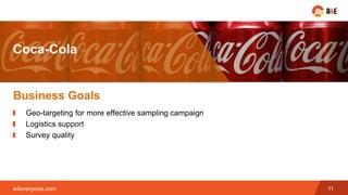 Geo-targeting for more effective sampling campaign
Logistics support
Survey quality
11a4everyone.com
Coca-Cola
Business Go...
