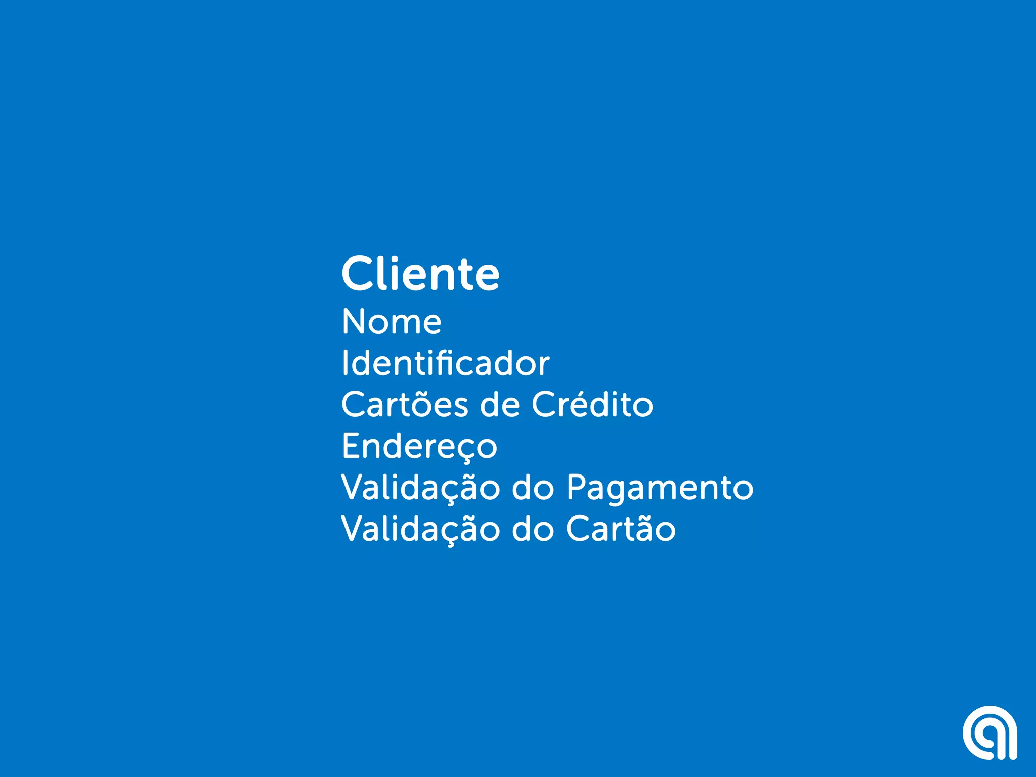 Cliente
Nome
Identificador
Cartões de Crédito
Endereço
Validação do Pagamento
Validação do Cartão
 